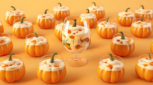 秋季主题饮料，玻璃杯，米色背景南瓜无缝图案，非常适合促进 3D 渲染的假日销售