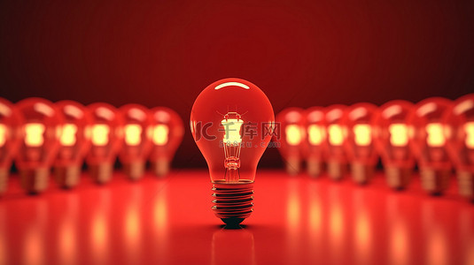 明亮的想法 3D 插图的红色背景与灯泡