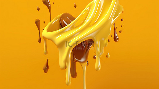 黄色背景上焦糖飞溅的金色喜悦 3D 渲染插图
