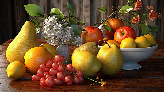 空的花瓶背景图片_水果和叶子静物的充满活力的 3d 渲染