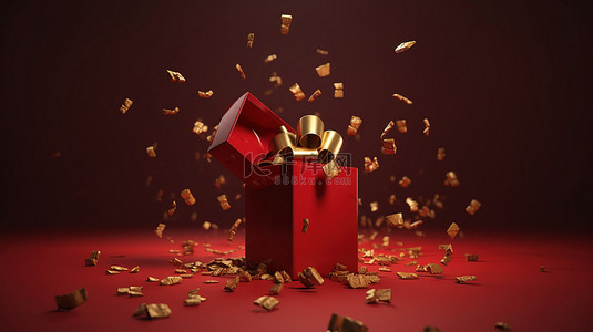 新一年背景图片_带有金丝带蝴蝶结的红色礼盒落在令人惊叹的插图的 3D 渲染中