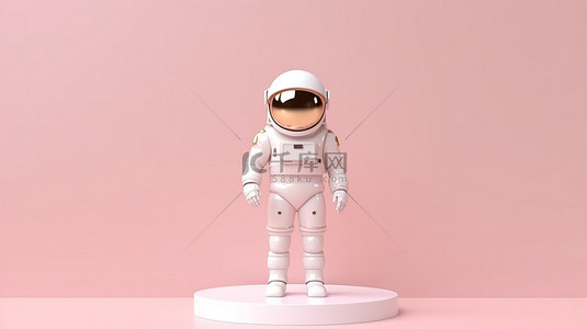 登上领奖台背景图片_登上领奖台的宇航员，身穿白色太空服和金色遮阳板，在柔和的粉红色背景下进行 3D 渲染