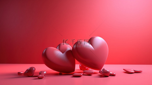 3D 渲染中的三颗红心在精致的粉红色背景上呈现，带有粗体红色文本，非常适合情人节背景