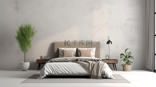 简约卧室设计现代灰色床在白墙背景斯堪的纳维亚主题 3D 渲染