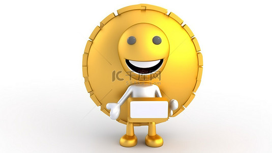 忠诚度计划中持有金色奖金硬币的角色吉祥物的 3D 渲染，并附有白色背景的商业饼图图形