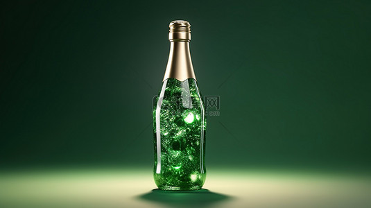 漂浮在绿色空间中的孤立香槟瓶的 3D 渲染