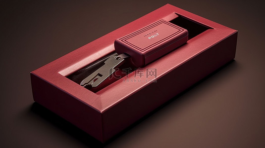包装盒中套装品牌栗色皮革钥匙扣的 3D 渲染