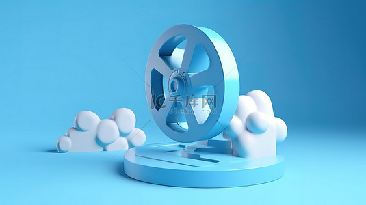 蓝色背景与 3D 渲染视频播放图标和云