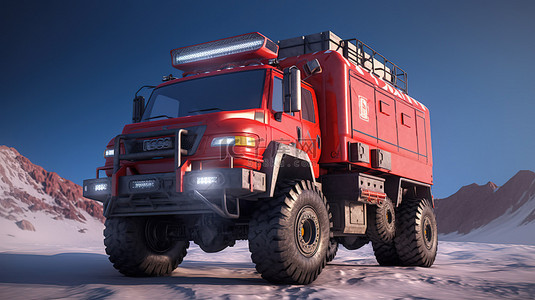 一辆红色大卡车为远程探险做好准备的 3D 插图