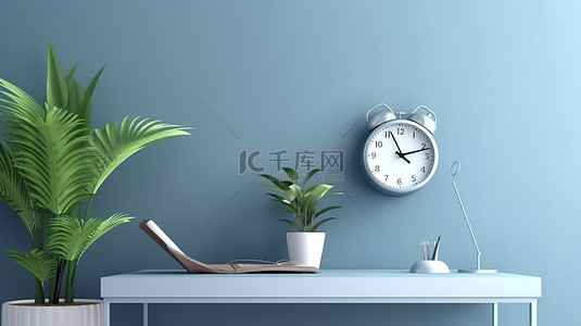 咖啡彩绘背景图片_现代工作空间的真实 3D 渲染，配有彩绘墙壁盆栽植物笔记本电脑台灯和手表