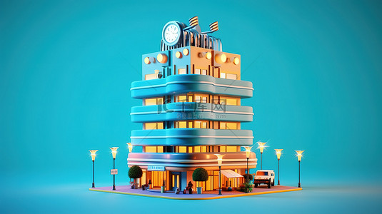 蓝色夜背景背景图片_蓝色抽象背景上具有玩具般功能的俏皮卡通酒店的 3D 渲染