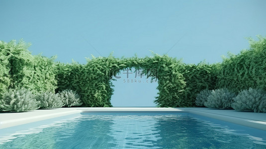 热带树木背景图片_热带绿洲 3D 插图豪华游泳池周围高耸的灌木丛，侧面设有躺椅