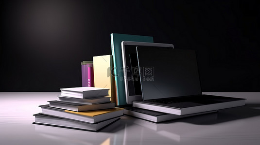 一堆书伴随着 3D 渲染中的空白屏幕笔记本电脑