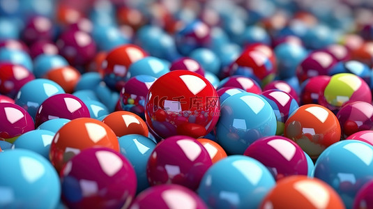 各种糖果散布在蓝色背景 3D 渲染上充满活力的球体中