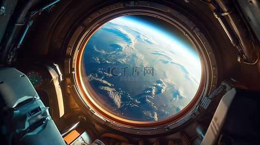 飞船舷窗背景图片_通过航天器舷窗看到的行星地球和宇航员在 3D 渲染中使用 NASA 元素增强
