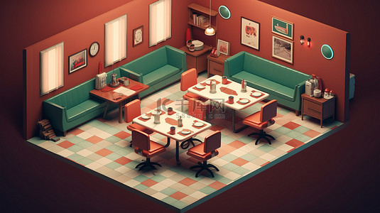 具有等距设计的老式餐厅的插图 3D 概念