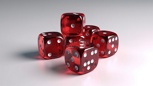 探索赌场游戏的刺激，红色骰子立方体在白色背景 3D 渲染的各个位置展示