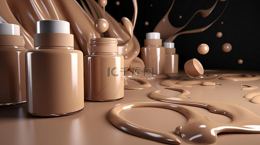 米色化妆品粉底的 3D 插图，带有奶油罐和遮瑕膏滴涂抹效果