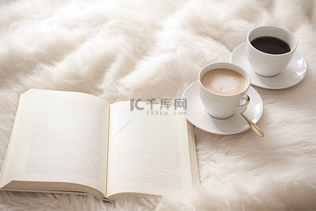 一杯咖啡和一本书放在白色地毯上