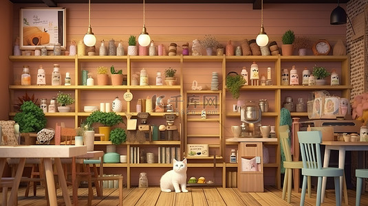 色彩缤纷的食品市场和咖啡店的充满活力的 3D 渲染，以猫科动物游客为特色