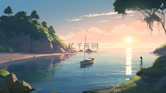 太阳的边框背景图片_海水蓝色水面海洋插画背景