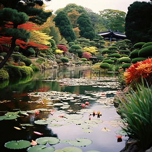 古诗瀑布背景图片_日本的睡莲花园，有瀑布和树叶