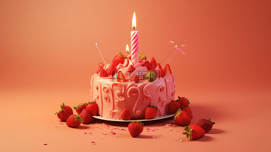 粉色背景增强了 3d 生日蛋糕的美感，上面有草莓味和蜡烛