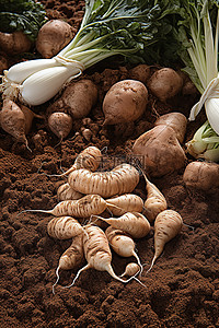 蔬菜土壤背景图片_洋葱大蒜和煮土豆放在土壤中的地上