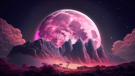 月亮粉色梦幻山脉云朵背景