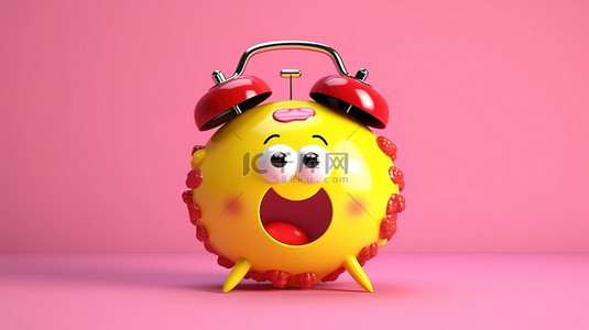 手表卡通背景图片_1 黄色背景的 3D 渲染，带有一个大人物吉祥物，穿着粉红色釉和闹钟形状的草莓