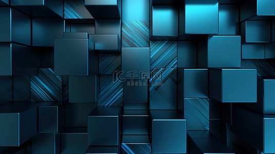 3D 蓝色金属墙条纹单色背景上的一组正方形