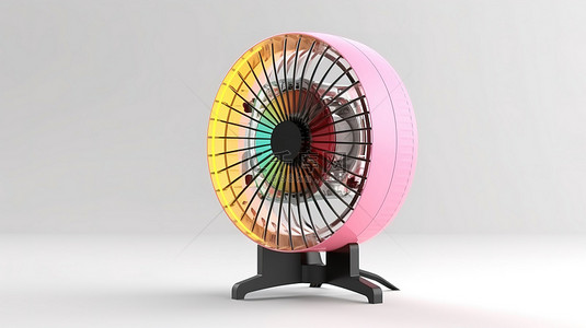 热气背景图片_白色背景上彩色风扇加热器的前视图 3D 渲染，带有文本空间