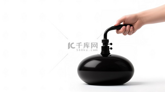 黑色手气泵充气气球的 3D 渲染，带有白色背景的想法标志
