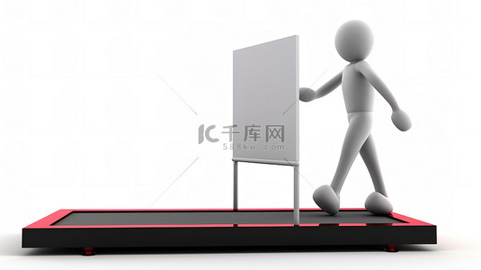 3D 人物站在跑步机上，带有空白剪贴板和白色背景渲染图像上的纸张