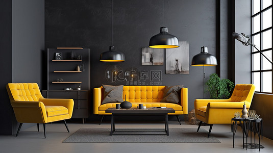 现代生活空间采用 3D 技术，配有充满活力的黄色家具和别致的灰色墙壁