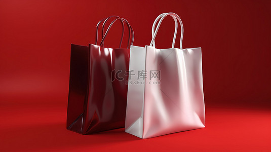 高品质白色购物袋在 3d 渲染中设置在有光泽的红色背景下