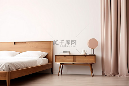 房间里有床背景图片_白色的床，房间的角落里有一个木制梳妆台