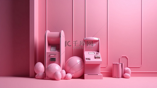 银行业遇到技术 3d 渲染的粉红色 atm 机和卡通风格的硬币