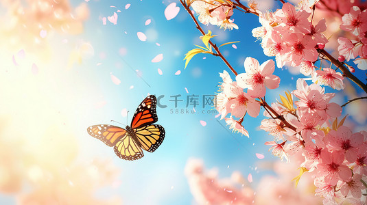 飞翔的蝴蝶背景图片_粉红色樱花和飞翔的蝴蝶背景素材