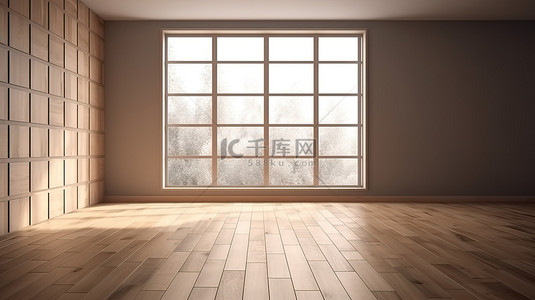 小房子窗户背景图片_当代室内设计最小的房间，有小瓷砖墙和木质复合地板，3D 渲染，透过窗户呈现出光影效果
