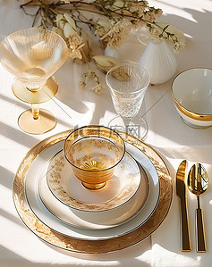 银金色背景图片_盘子 银器 甜点盘和杯子 带有金色设计