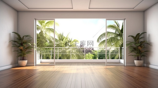 宽敞的房间，配有木质阳台艺术帆布墙框和时尚的 PVC 门 3D 渲染概念