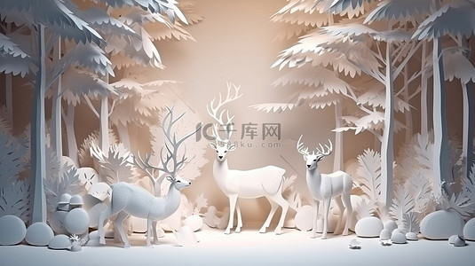 雪森林背景图片_森林里的鹿与雪花纸艺术和工艺风格 3D 渲染