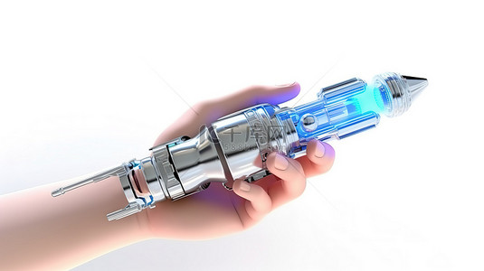 尖端医疗技术 3D 渲染机器人手，白色背景上带有注射器