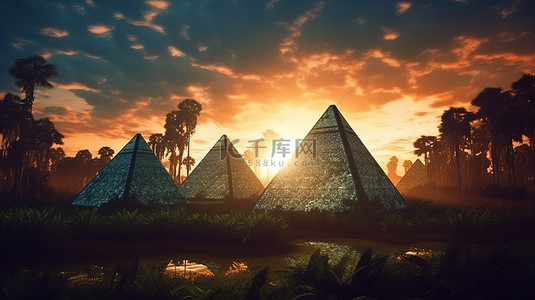雄伟的金字塔在茂密的雨林中在日落的天空 3D 渲染下闪闪发光