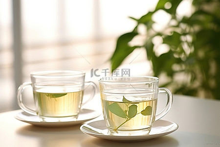 玻璃茶杯背景图片_植物前白色容器中的两个玻璃茶杯