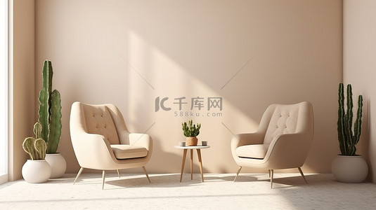 时尚的客厅设计，配有椅子和引人注目的 3D 渲染仙人掌墙模型