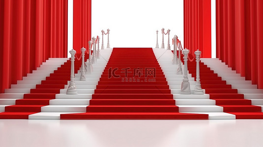 舞台红布背景图片_vip 活动或名人派对的精致入口，白色背景上红地毯和路径障碍的 3d 渲染