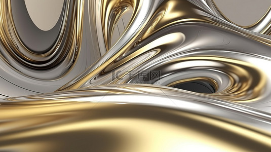 金属铬滤镜背景图片_在黄金和白银 3d 呈现抽象金属曲线背景