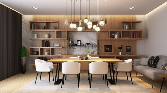 家居房背景图片_装饰客厅配有 3D 渲染餐桌和时尚的架子